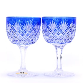 Pair Wine Stems, American Brilliant Cut Glass, Blue Cut To Clear, Strawberry Diamond And Fan Pattern
