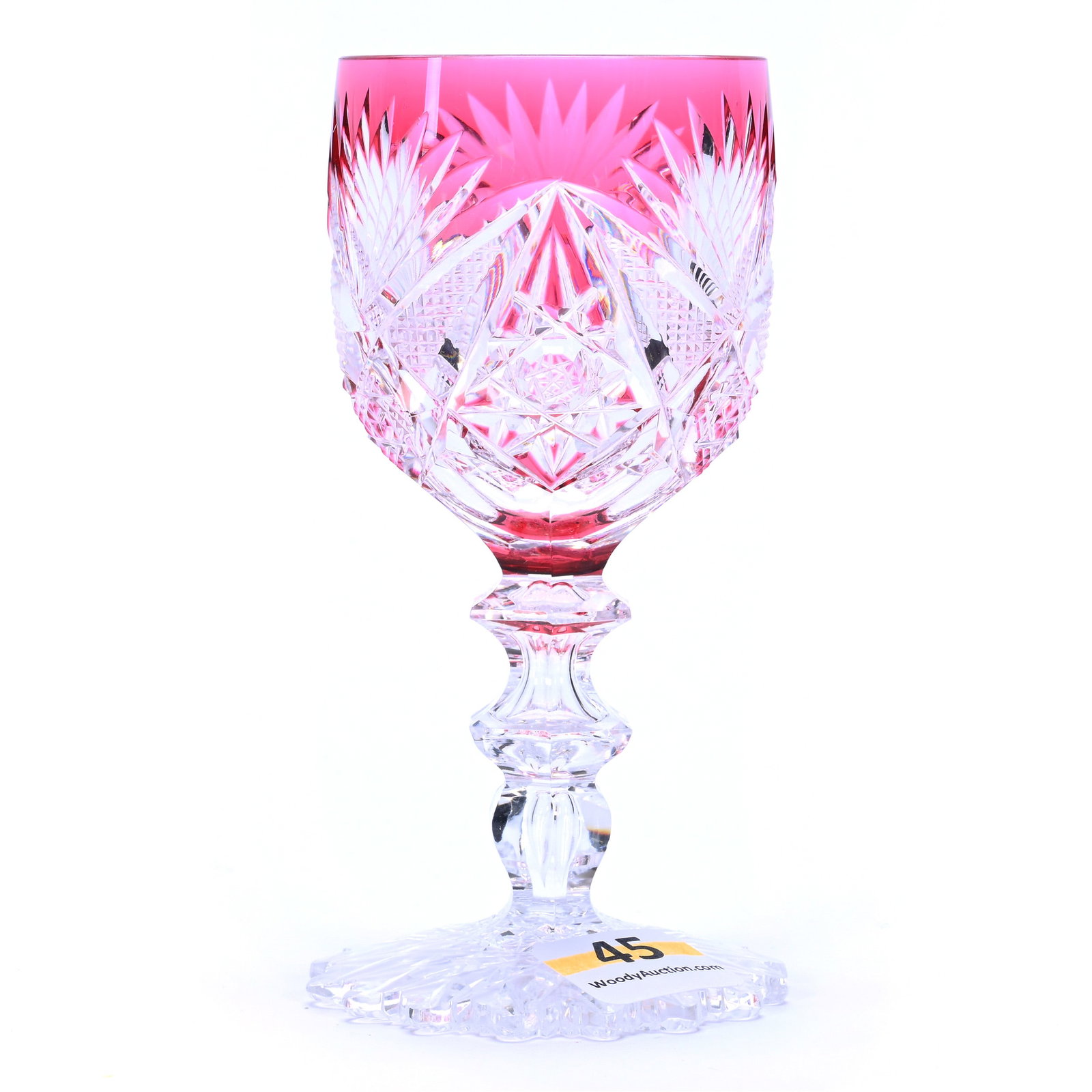 Wine Stem, Brilliant Period Cut Glass, Cranberry Cut To Clear, Florida Pattern By Val St. Lambert: Wine Stem, Brilliant Period Cut Glass, Cranberry Cut To Clear, Florida Pattern By Val St. Lambert Circa 1900's, 4.5 x 2.25 x 2.25 Inches, Scalloped Hobstar Foot, 1 Pound, Tennessee Private Collection.