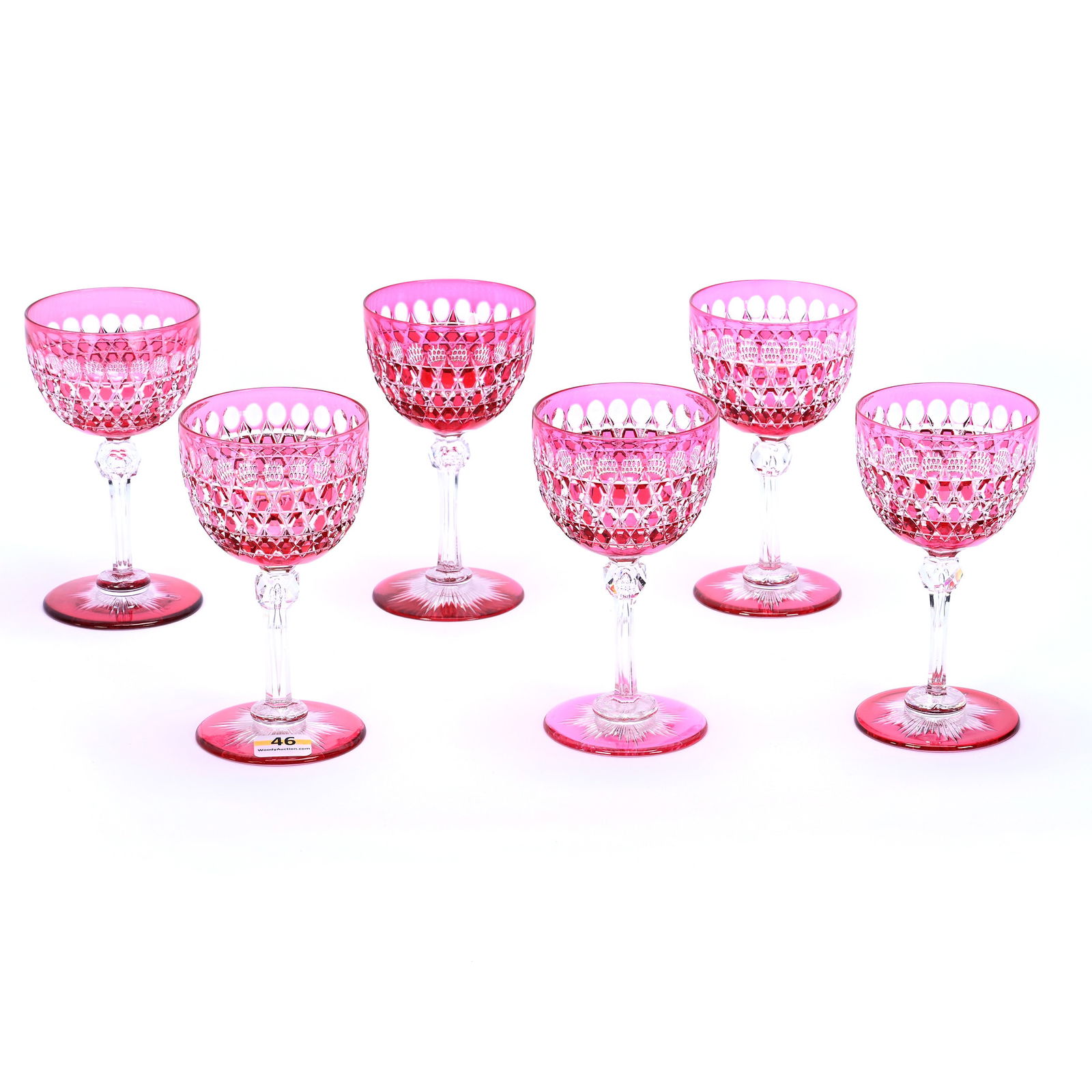 (6) Wine Stems, American Brilliant Cut Glass, Cranberry Cut To Clear, Hob Diamond Pattern By (1 of 3)