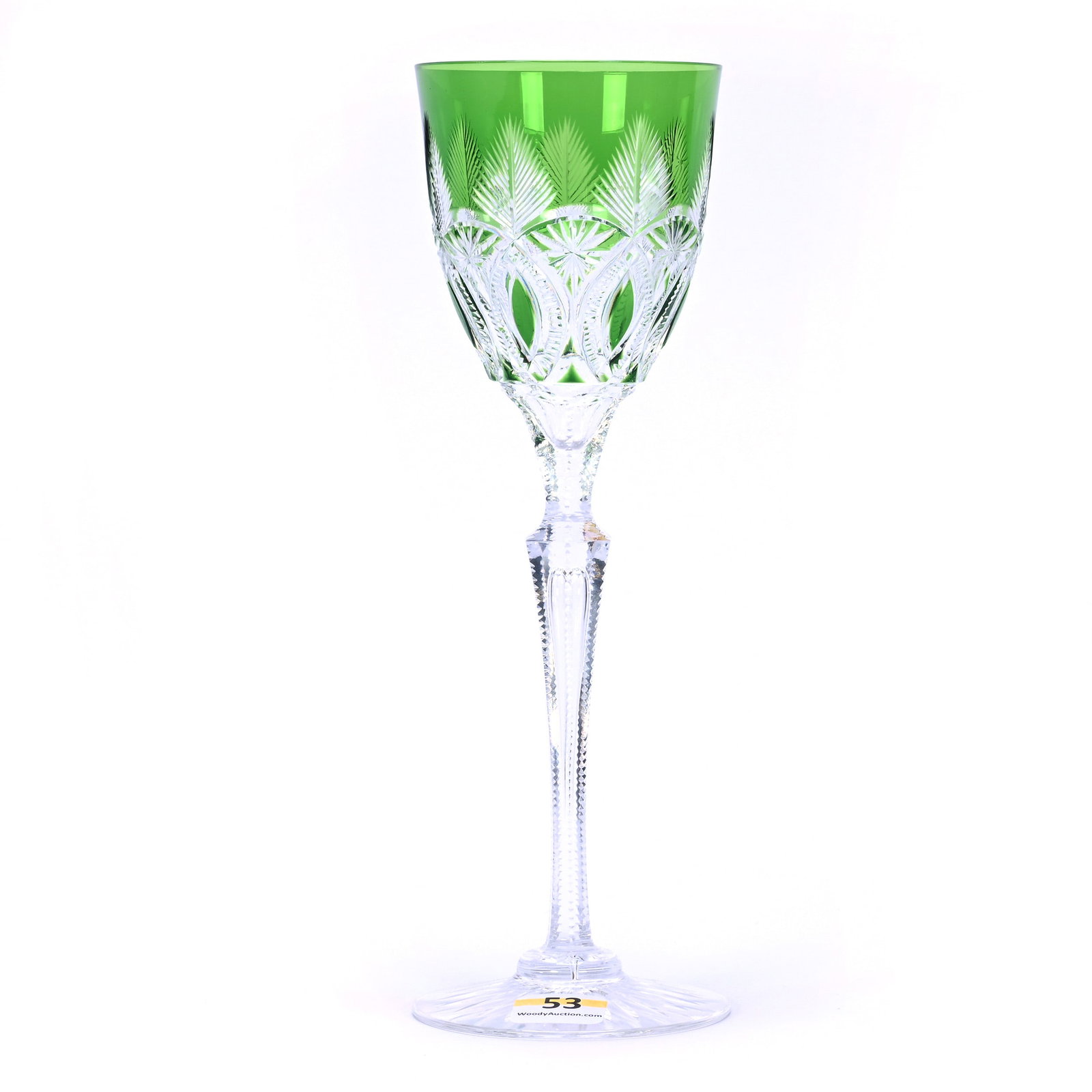 Wine Stem, Brilliant Period Cut Glass, Green Cut To Clear, Attributed To Baccarat: Wine Stem, Brilliant Period Cut Glass, Green Cut To Clear, Attributed To Baccarat, 9 x 3 x 3 Inches, Vesica, Tusk, Star, And Feather Motif, Notched Teardrop Stem, Ray Cut Foot, 1 Pound, Private Collec