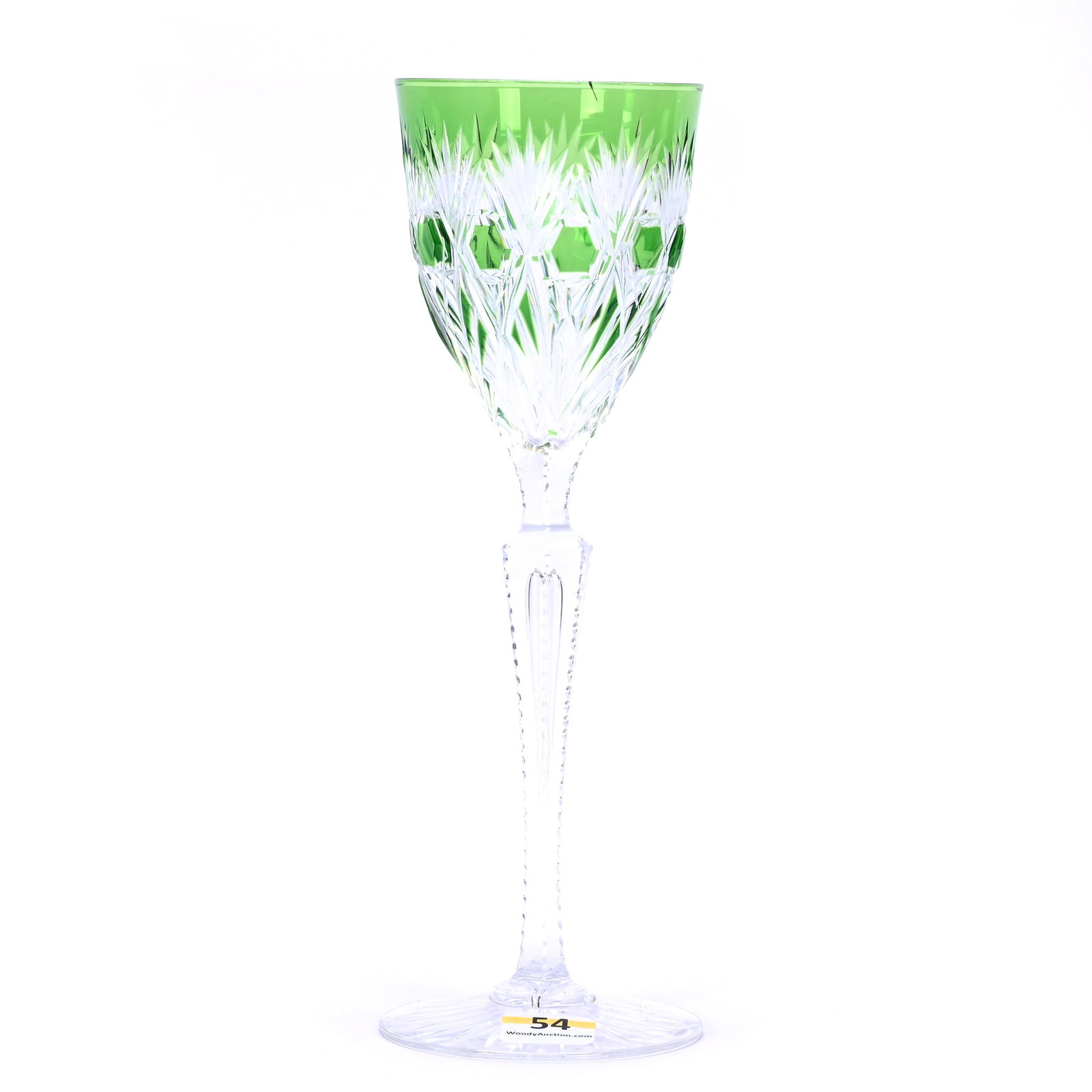 Wine Stem, Brilliant Period Cut Glass, Green Cut To Clear, Attributed To Baccarat: Wine Stem, Brilliant Period Cut Glass, Green Cut To Clear, Attributed To Baccarat, 9 x 3 x 3 Inches, Button, Miter, And Fan Motif, Notched Teardrop Stem, Ray Cut Foot, Rim Fracture, 1 Pound, Private C