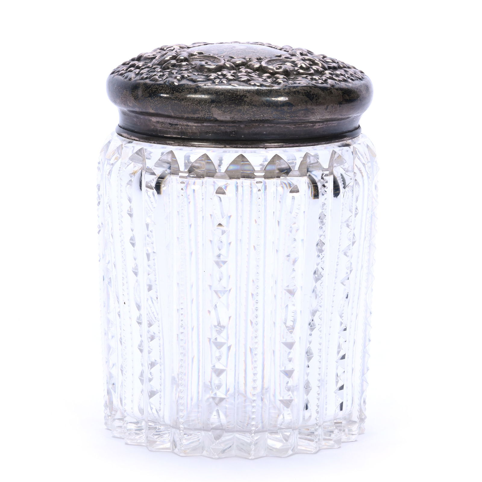 Cigarette Humidor, American Brilliant Cut Glass, Prism Cut Body With Embossed Sterling Silver Fitted: Cigarette Humidor, American Brilliant Cut Glass, Prism Cut Body With Embossed Sterling Silver Fitted Lid, 5.25 x 4 x 4 Inches, Base Nicks, 2 Pounds, Kansas Private Collection.