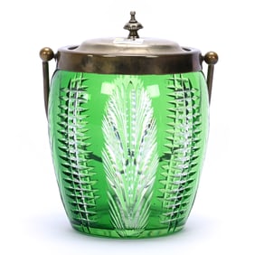 Biscuit Jar, Brilliant Period Cut Glass, Green Cut To Clear