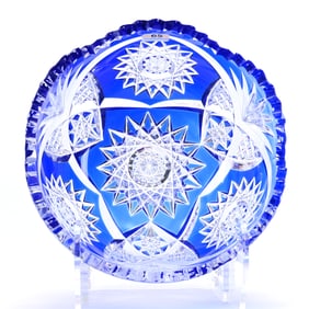 Bowl, Brilliant Period Cut Glass, Blue Cut To Clear, Hobstar, Crosscut Diamond, And Fan Motif