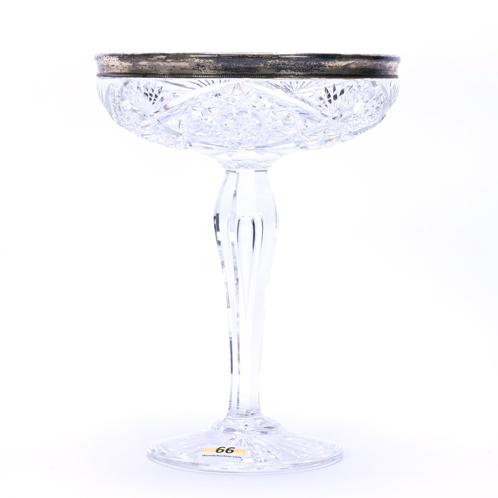 Compote, American Brilliant Cut Glass, Hobstar, Crosscut Diamond, Star, And Fan Motif: Compote, American Brilliant Cut Glass, Hobstar, Crosscut Diamond, Star, And Fan Motif, 8.25 x 6 x 6 Inches, Teardrop Stem, Ray Cut Foot, Sterling Silver Rim, 3 Pounds, Kansas Private Collection.
