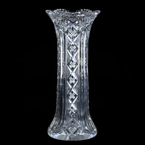 Vase, American Brilliant Cut Glass, Alternating Columns Of Prism, Crosshatch, Crosscutting, With