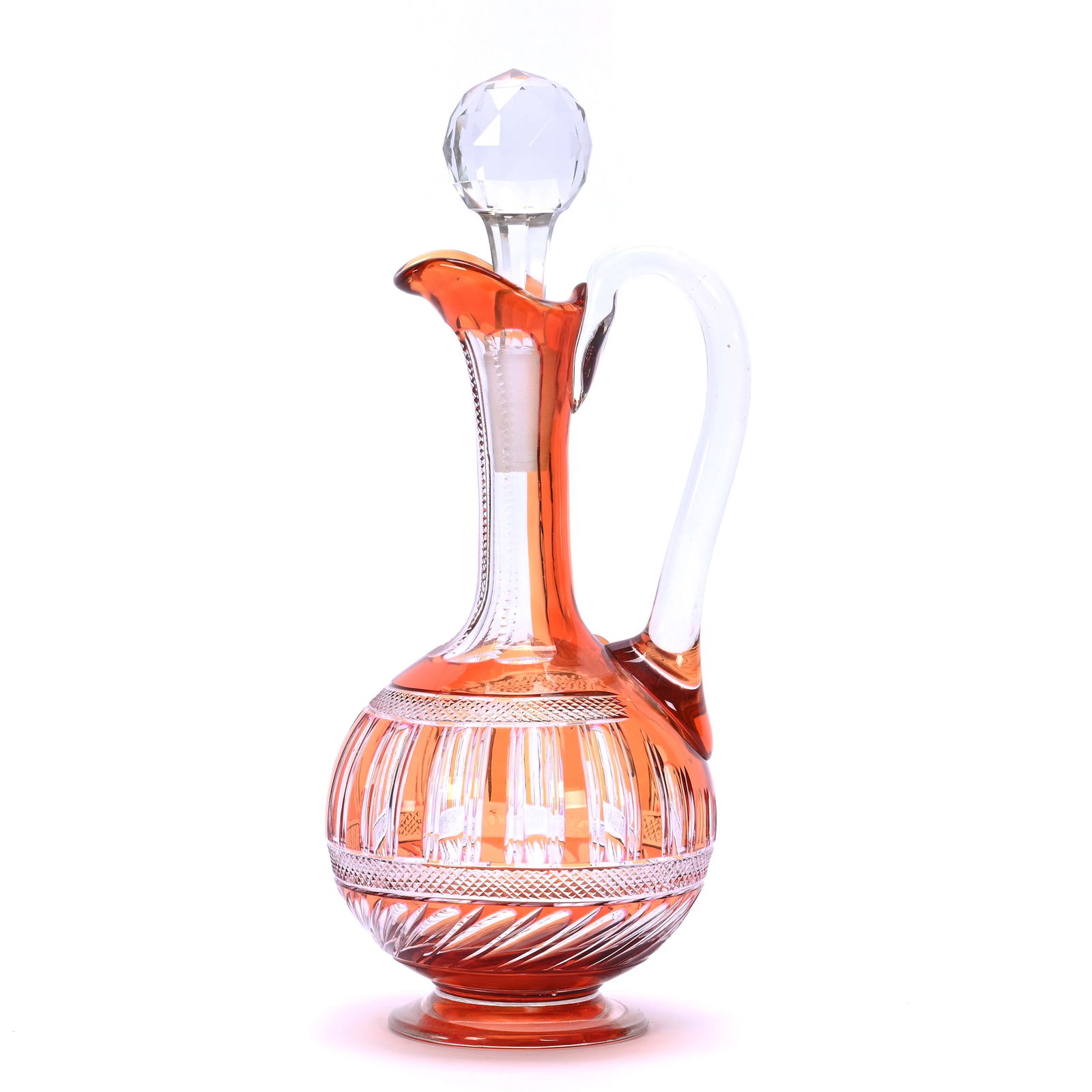 Cordial Decanter, Brilliant Period Cut Glass, Apricot Cut To Clear: Cordial Decanter, Brilliant Period Cut Glass, Apricot Cut To Clear, 9 x 3.75 x 3.75 Inches, Diamond Band And Miter Motif, Polish Pontil Foot, 2 Pounds, Dr. Paul Mancia Collection, Florida.