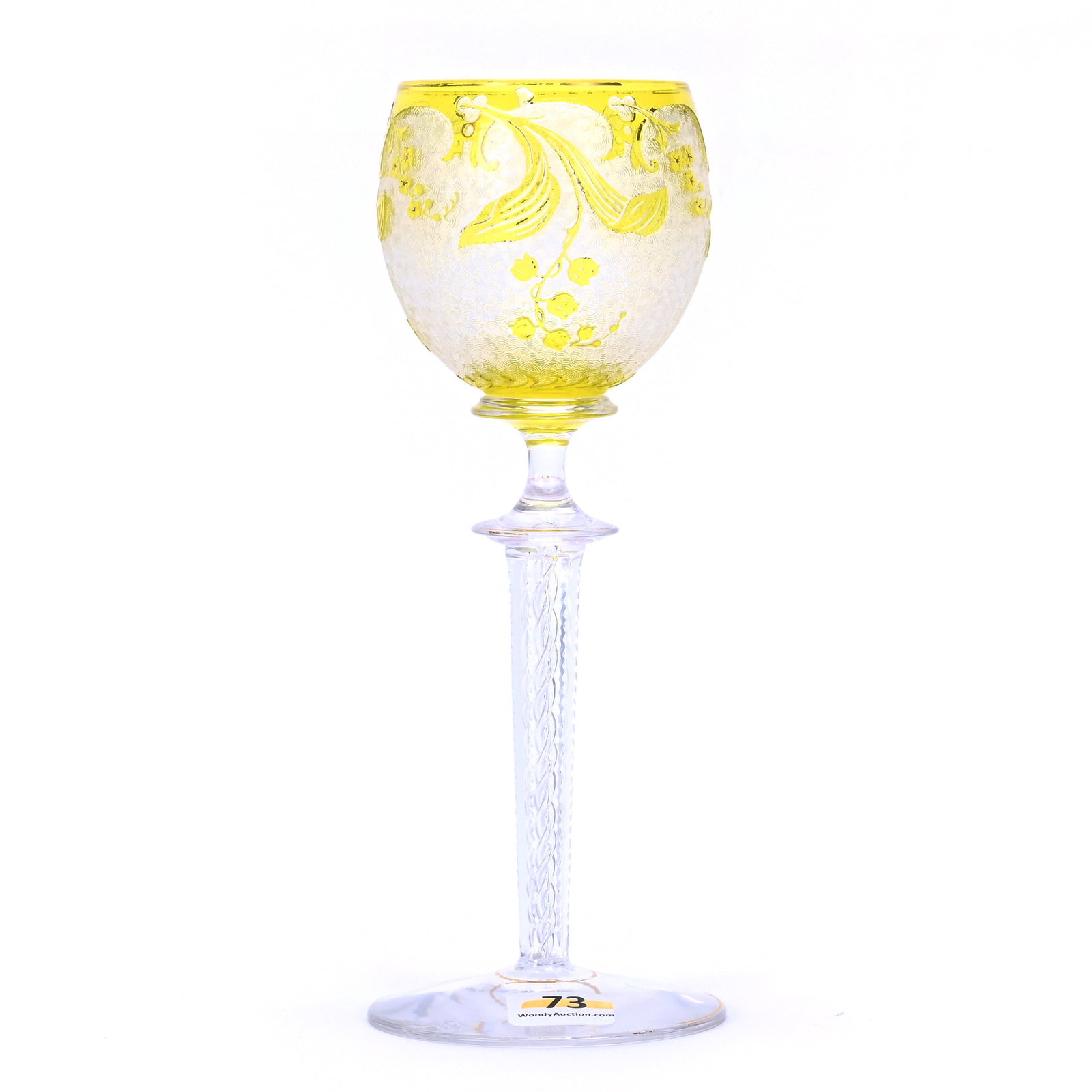 Wine Stem, Brilliant Period Cut Glass, Yellow Acid Cut To Clear, Attributed To St. Louis: Wine Stem, Brilliant Period Cut Glass, Yellow Acid Cut To Clear, Attributed To St. Louis, 8 x 3 x 3 Inches, Floral Design, Air Twist Stem, 1 Pound, Dr. Paul Mancia Collection, Florida.
