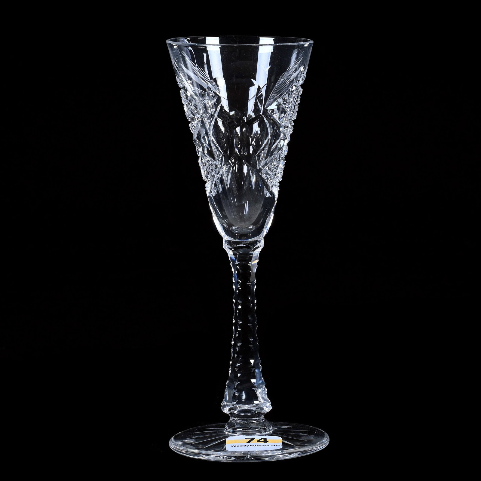 Tall Sherry Stem, American Brilliant Cut Glass, Signed Hawkes Queens Pattern: Tall Sherry Stem, American Brilliant Cut Glass, Signed Hawkes Queens Pattern, 6.5 x 2.5 x 2.5 Inches, Ray Cut Foot, 1 Pound, Dr. Paul Mancia Collection, Florida.