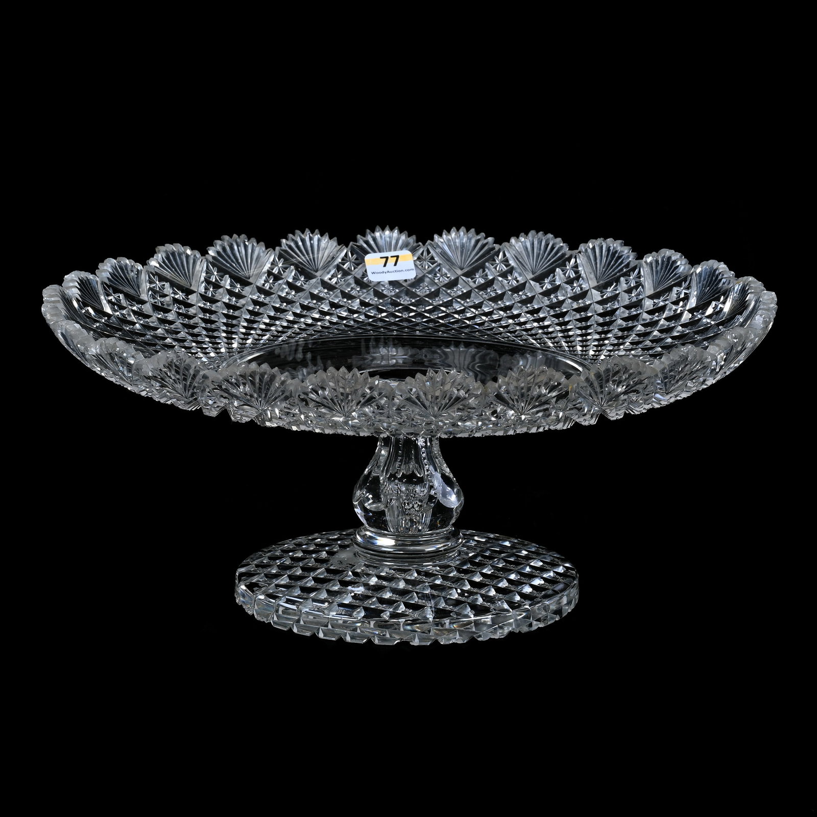 Centerpiece Compote, American Brilliant Cut Glass: Centerpiece Compote, American Brilliant Cut Glass, 5.25 x 12.25 x 12.25 Inches, Star, Diamond, And Fan Pattern, Star Block Cut Base, Some Fine Tooth Points With Chips, 5 Pounds, New York Private Colle
