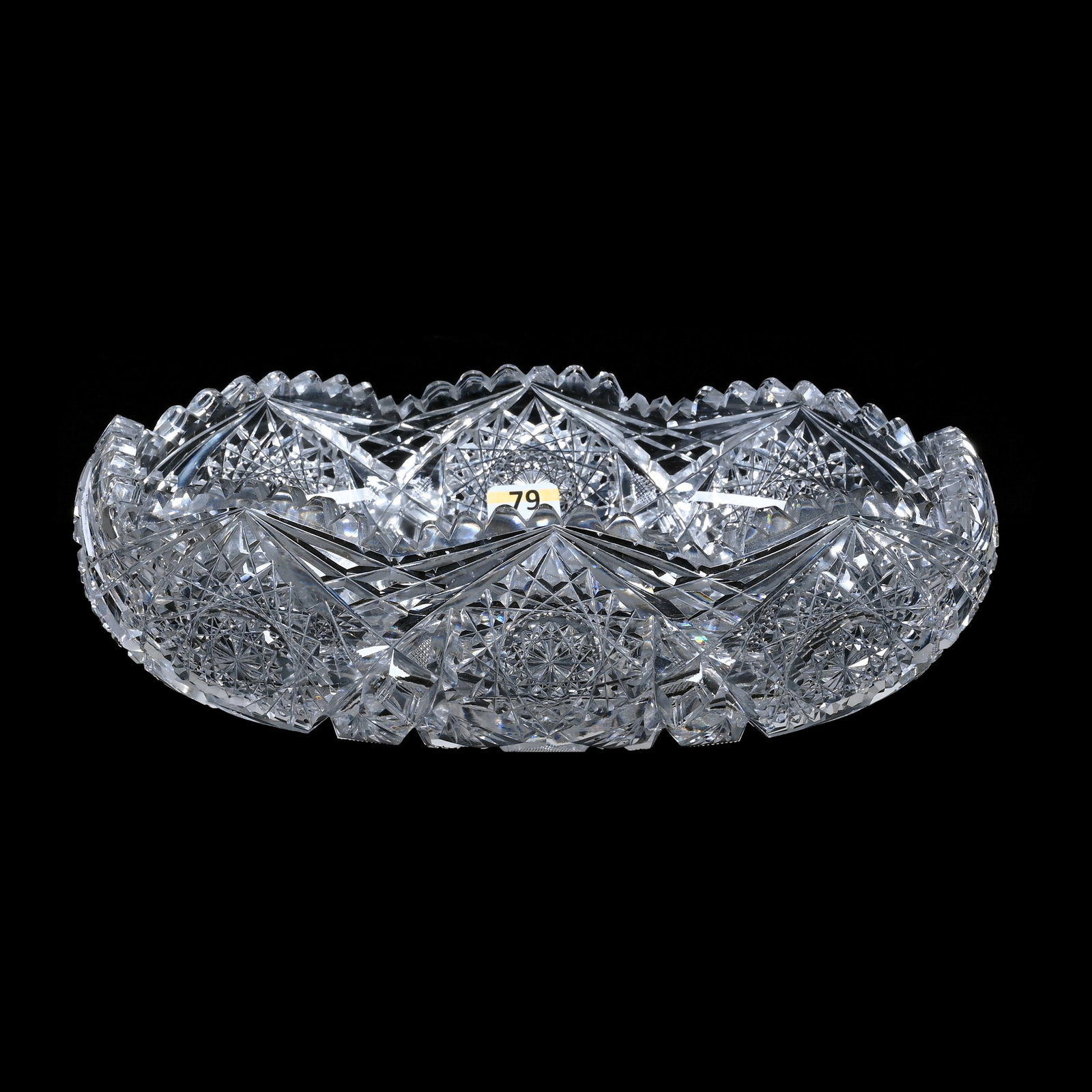 Oval Bowl, American Brilliant Cut Glass, Signed J. Hoare: Oval Bowl, American Brilliant Cut Glass, Signed J. Hoare, 3 x 10.5 x 8 Inches, Hobstar, Crosscutting, Fan, And Miter Motif, One Serious Tooth Chip, One Top Tooth Chip, 6 Pounds, New York Private Colle