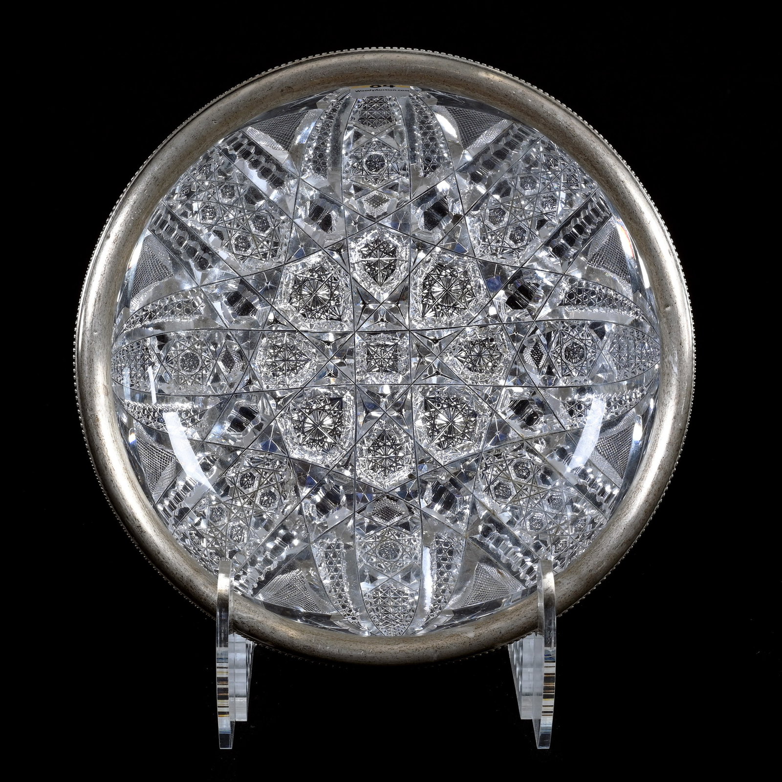 Bowl, American Brilliant Cut Glass, Gorham Sterling Rim: Bowl, American Brilliant Cut Glass, Gorham Sterling Rim, 2.75 x 9 x 9 Inches, Eight Section Star Center With Hobstar, Nailhead Diamond, Crosscutting, And Prism Motif, 5 Pounds, New York Private Collec