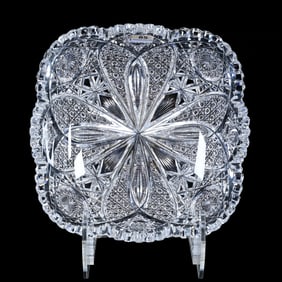 Square Bowl, American Brilliant Cut Glass, Signed Hawkes, Modified Chrysanthemum Pattern