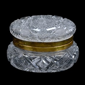 Oval Jewel Box, American Brilliant Cut Glass, Hobstar With Cane, Star, Miter, And Fan Motif