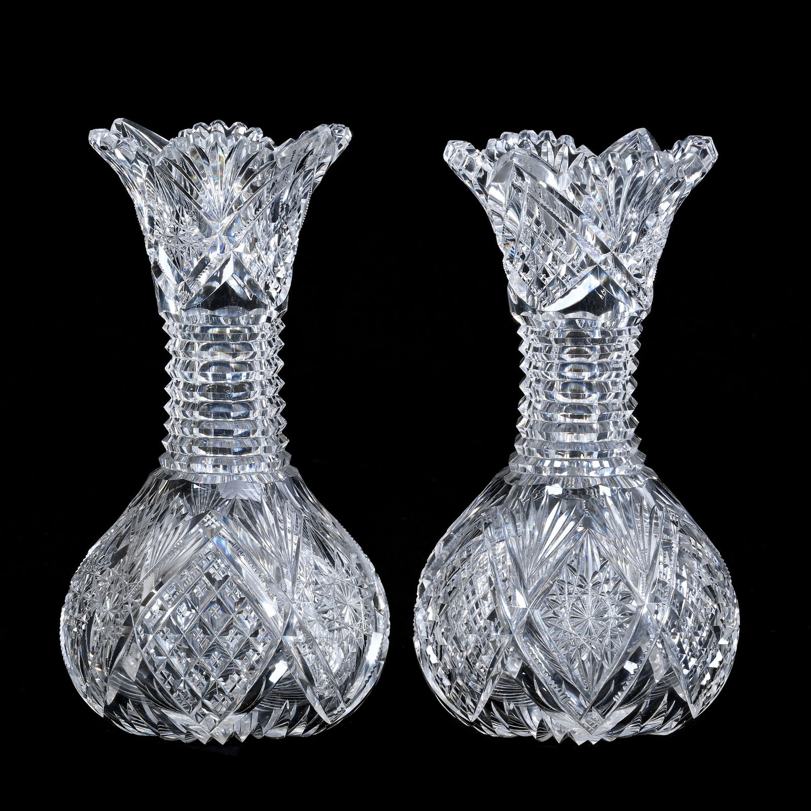 Pair Vases, American Brilliant Cut Glass: Pair Vases, American Brilliant Cut Glass, 7.75 x 4.5 x 4.5 Inches, Alternating Hobstar, Crosscut Diamond, Prism, And Fan Motif, Step Cut Neck, Pattern Cut Rim, Ray Cut Base, Nice Pair, 4 Pounds, New Y