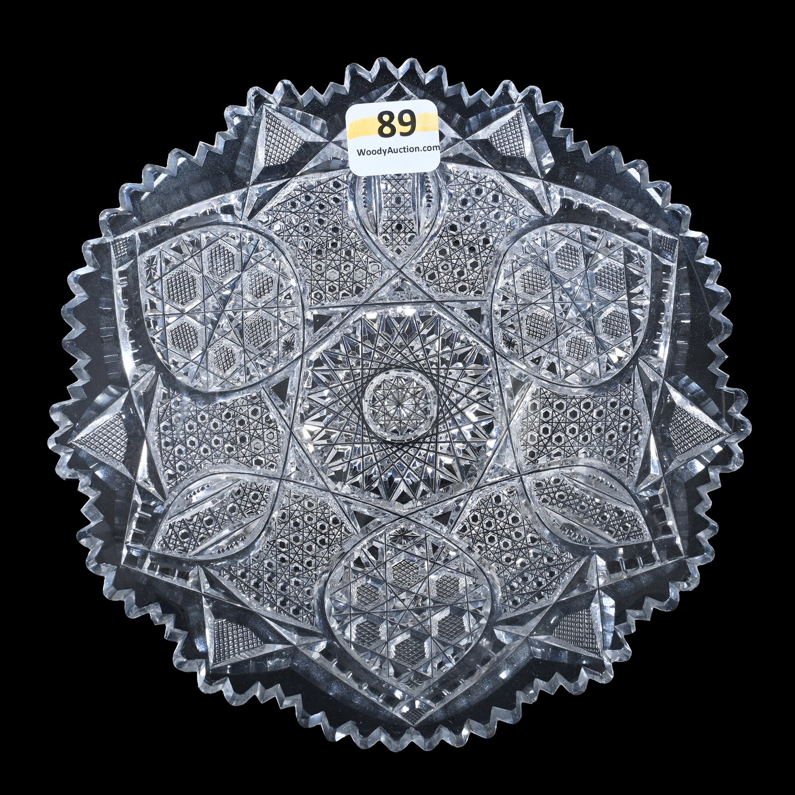 Plate, American Brilliant Cut Glass, Hobstar, Nailhead Diamond, Cane, Vesica, Prism, And: Plate, American Brilliant Cut Glass, Hobstar, Nailhead Diamond, Cane, Vesica, Prism, And Crosscutting Motif, 1 x 6.5 x 6.5 Inches, Rim Nicks, 1 Pound, New York Private Collection.