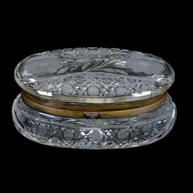 Oval Jewel Box, American Brilliant Cut Glass, Harvard And Engraved Floral Pattern