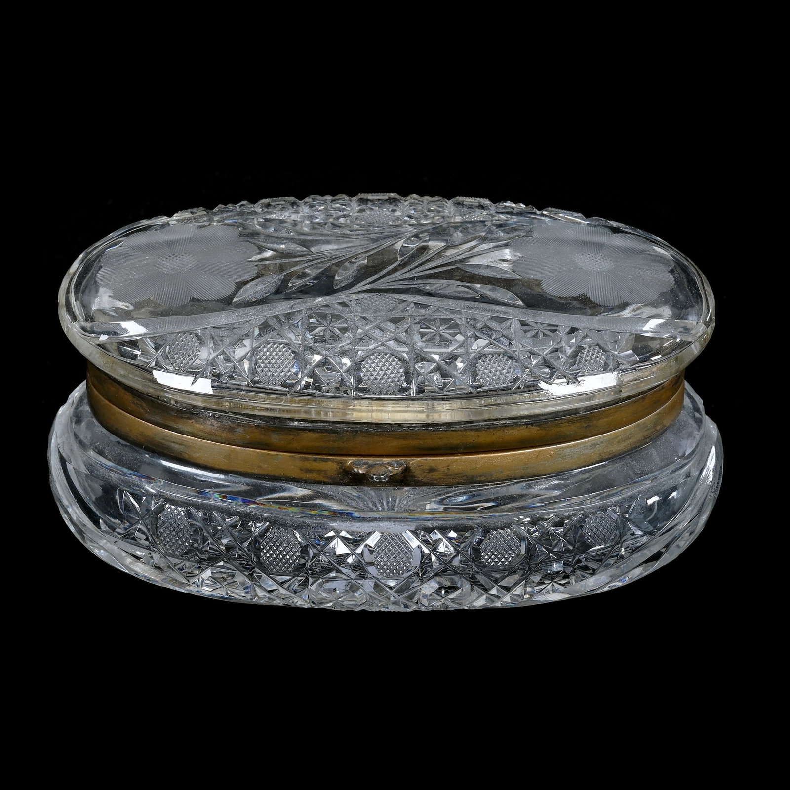 Oval Jewel Box, American Brilliant Cut Glass, Harvard And Engraved Floral Pattern: Oval Jewel Box, American Brilliant Cut Glass, Harvard And Engraved Floral Pattern, 3 x 6.75 x 4.25 Inches, Ray Cut Base, Paperwork Included Indicates It Was Purchased From The American Play Write Dire