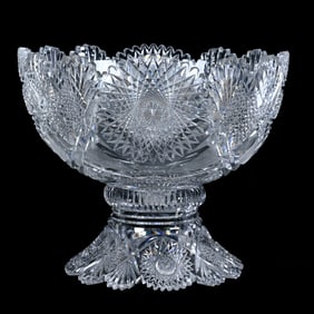 Two Part Punch Bowl, American Brilliant Cut Glass, Corinthian Pattern By Libbey