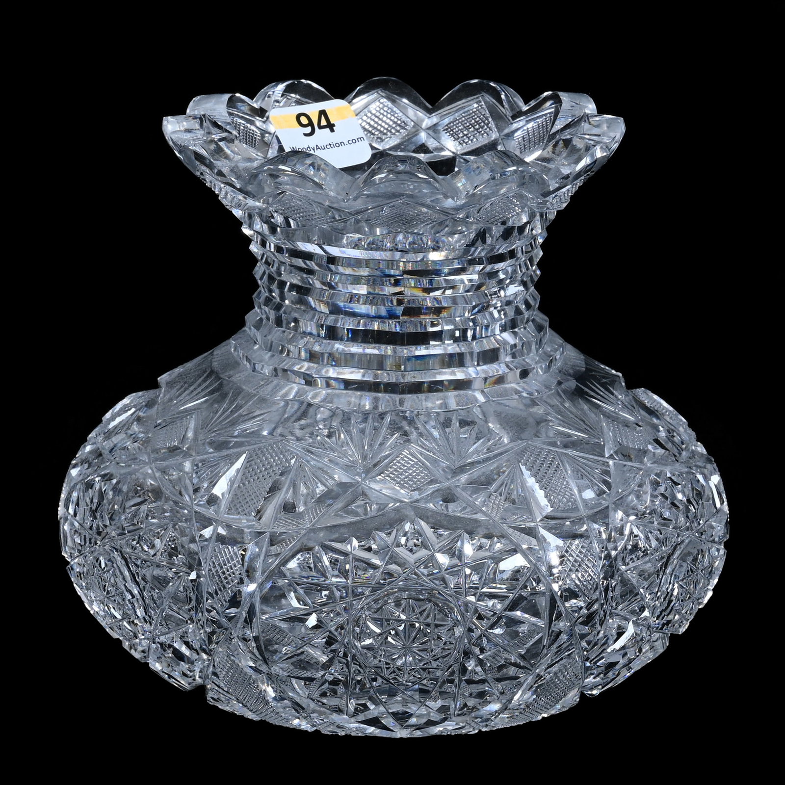 Flower Center, American Brilliant Cut Glass, Pattern No. 33 By Elmira: Flower Center, American Brilliant Cut Glass, Pattern No. 33 By Elmira, 5.25 x 6 x 6 Inches, Step Cut Neck, Pattern Cut Rim, Hobstar Base, Rim Nick, 4 Pounds, New York Private Collection.