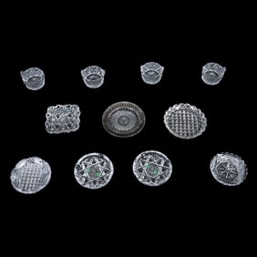 (7) Butter Pats And (4) Salt Dips With Display Case, American Brilliant Cut Glass