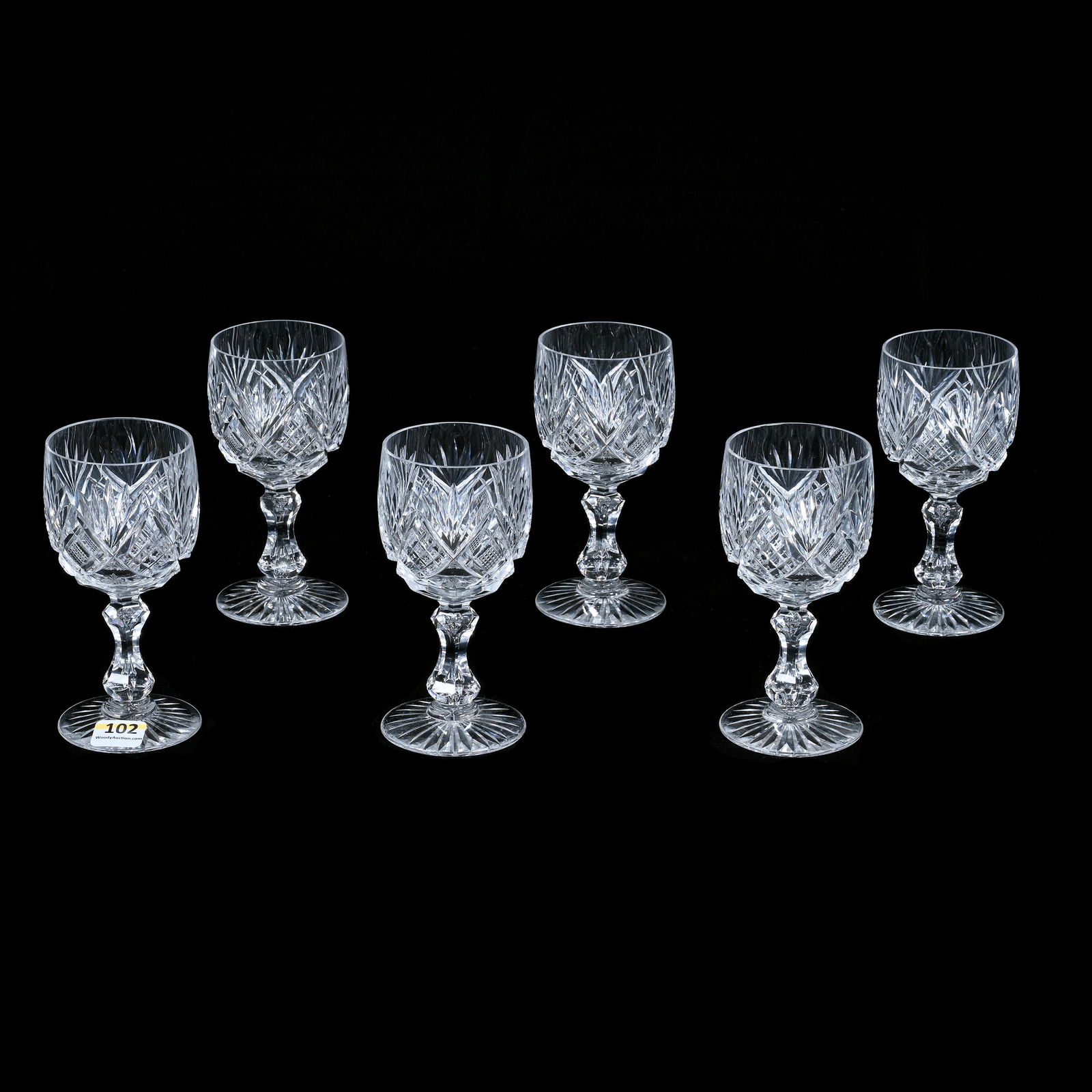 (6) Wine Stems, Brilliant Period Cut Glass, Pattern No 2900/17 By Val St. Lambert Circa 1908: (6) Wine Stems, Brilliant Period Cut Glass, Pattern No 2900/17 By Val St. Lambert Circa 1908, 5.25 x 2.5 x 2.5 Inches, Double Teardrop Stem, Ray Cut Foot, 3 Pounds, California Private Collection.