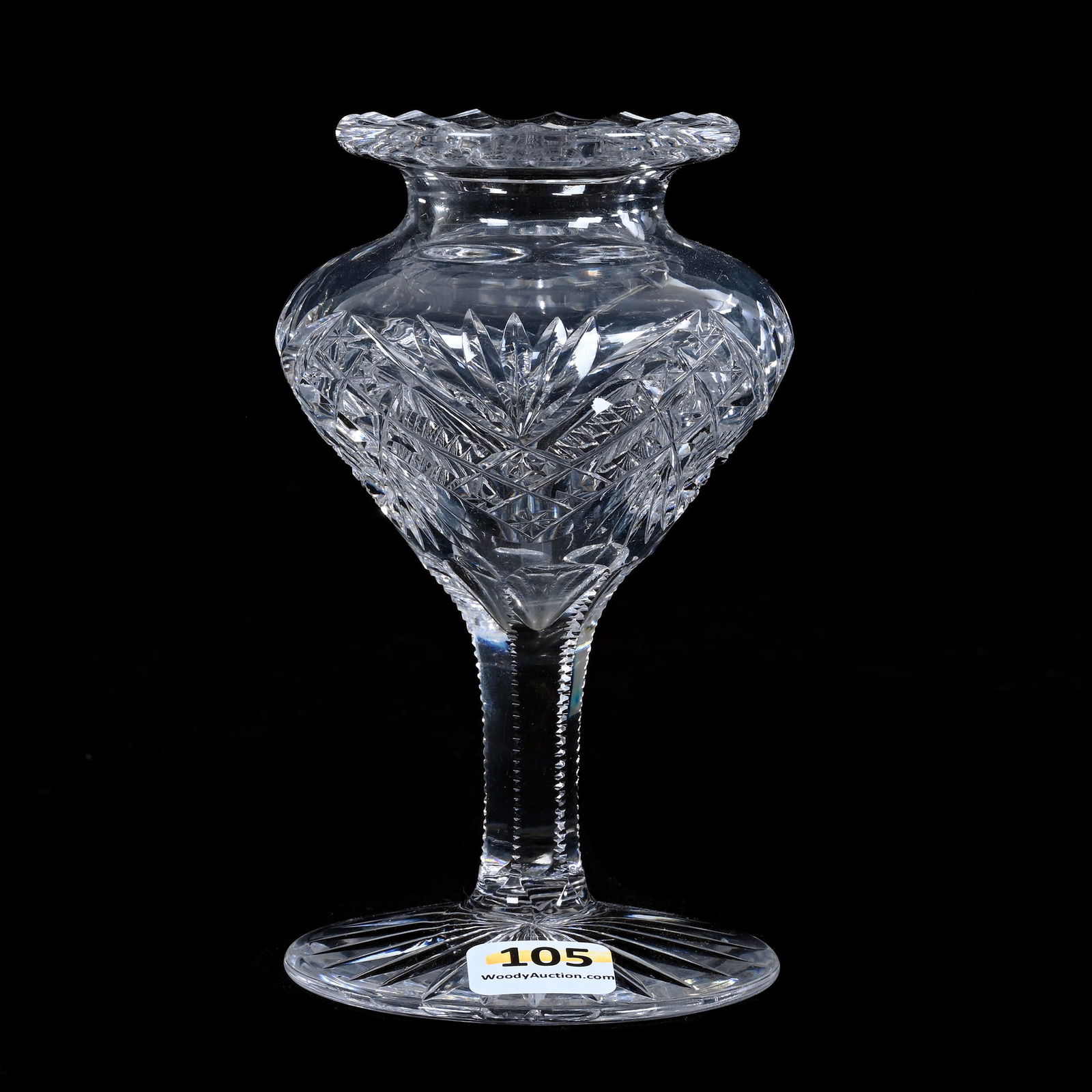Violet Vase, American Brilliant Cut Glass, Star, Diamond, Zipper, And Fan Motif: Violet Vase, American Brilliant Cut Glass, Star, Diamond, Zipper, And Fan Motif, 5.25 x 3 x 3 Inches, Ray Cut Foot, 1 Pound, California Private Collection.
