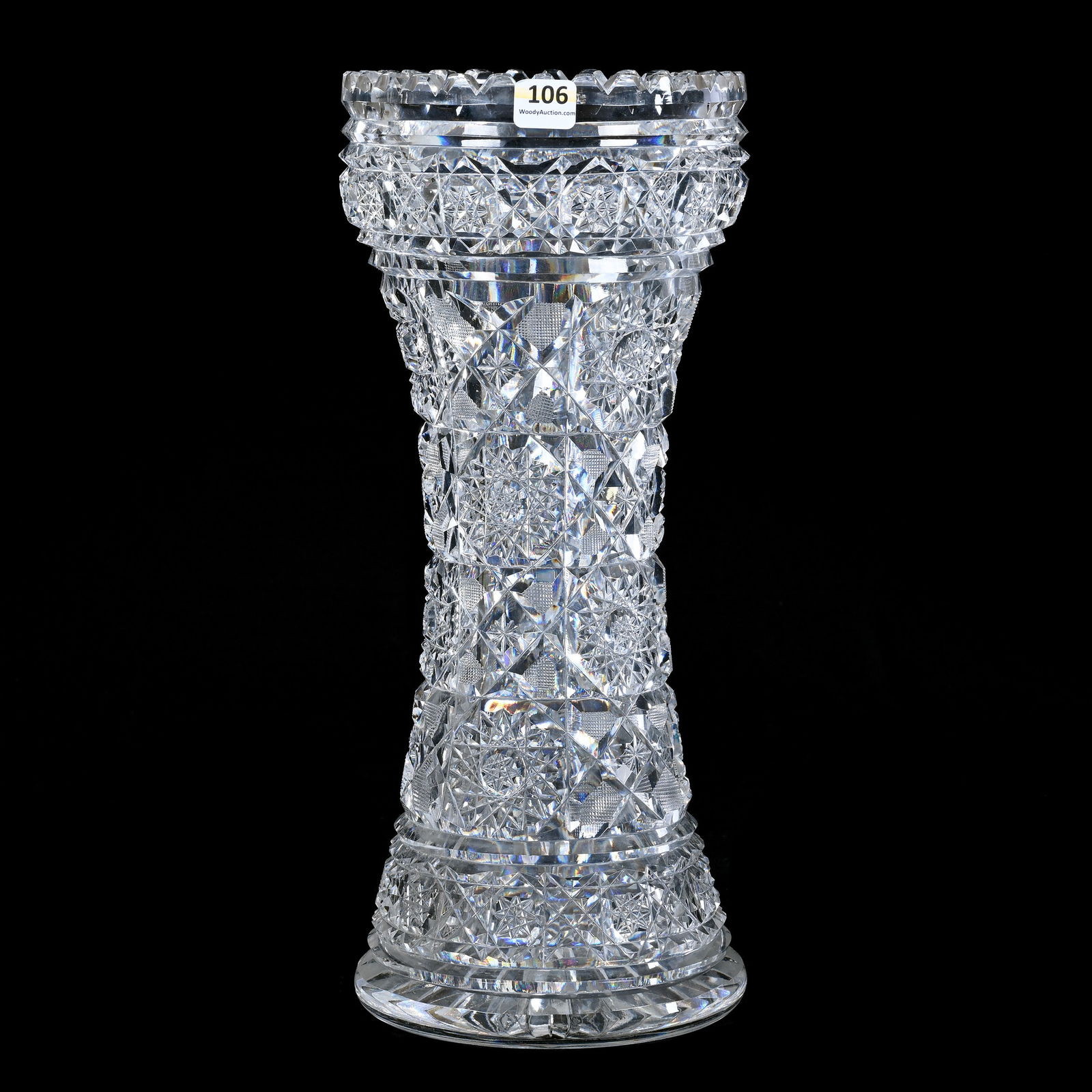 Vase, American Brilliant Cut Glass, Arcadia Type Pattern With Ray Cut Base: Vase, American Brilliant Cut Glass, Arcadia Type Pattern With Ray Cut Base, 14.25 x 6 x 6 Inches, Heavy Blank, Outside Rim Tooth Chip, 9 Pounds, California Private Collection.