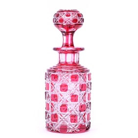 Cologne Bottle, Brilliant Period Cut Glass, Cranberry Cut To Clear, Hob Diamond Pattern Attributed
