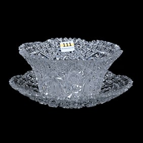 Mayonnaise Bowl And Underplate, American Brilliant Cut Glass, Propellor Pattern