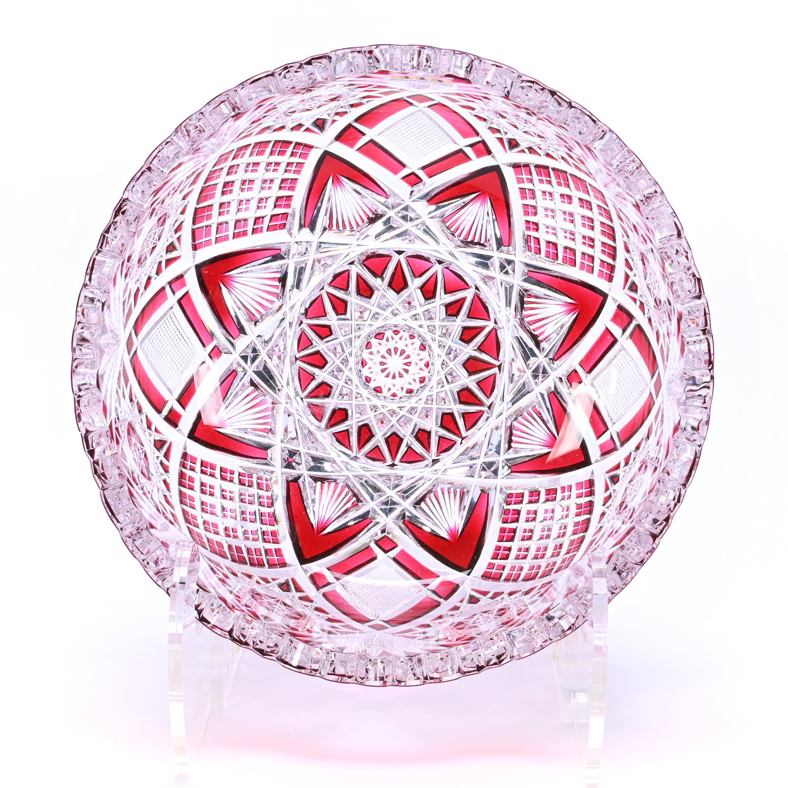 Bowl, Brilliant Period Cut Glass, Red Cut To Clear, Pattern No. 2900/17 By Val St. Lambert Circa: Bowl, Brilliant Period Cut Glass, Red Cut To Clear, Pattern No. 2900/17 By Val St. Lambert Circa 1908, 3.25 x 8 x 8 Inches, 4 Pounds, The Mary Petrie Collection, Kansas.
