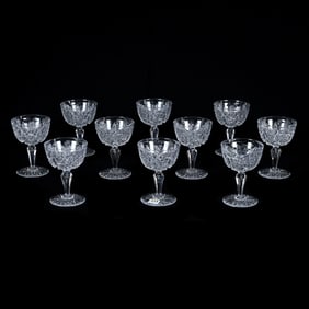 (10) Champagne Stems, American Brilliant Cut Glass, Russian Pattern With Cane Cut Vesica Highlights