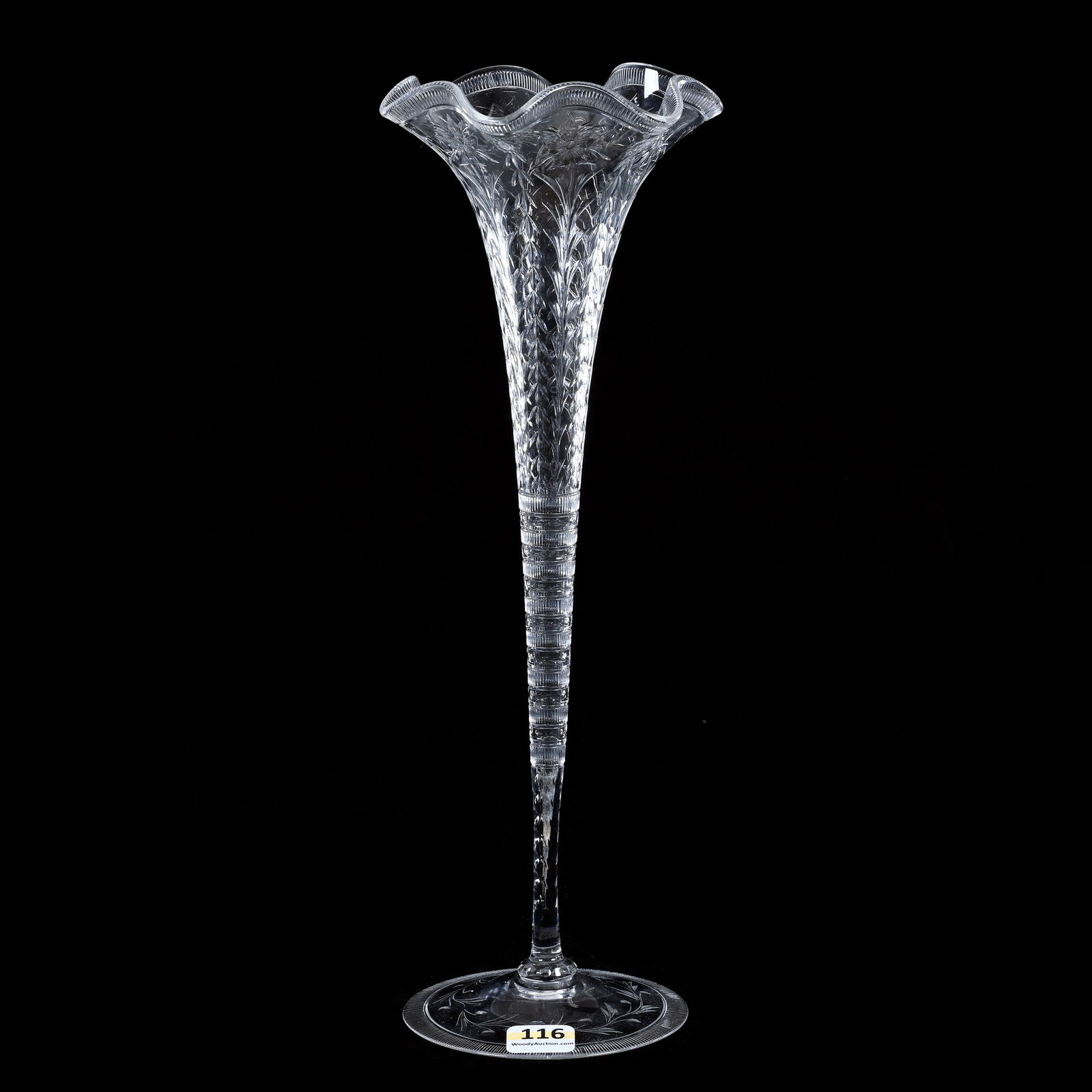 Trumpet Vase, American Brilliant Cut Glass, Signed Hawkes, Lightly Engraved Floral Pattern: Trumpet Vase, American Brilliant Cut Glass, Signed Hawkes, Lightly Engraved Floral Pattern, 12.25 x 4.5 x 4.5 Inches, Ruffled Rim, Pattern Engraved Foot, 1 Pound, Richard Lockey Collection, Florida.