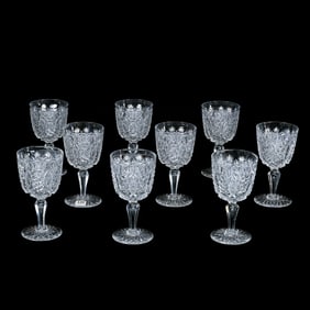(9) Water Goblets, American Brilliant Cut Glass, Russian Pattern With Cane Cut Vesica Highlights