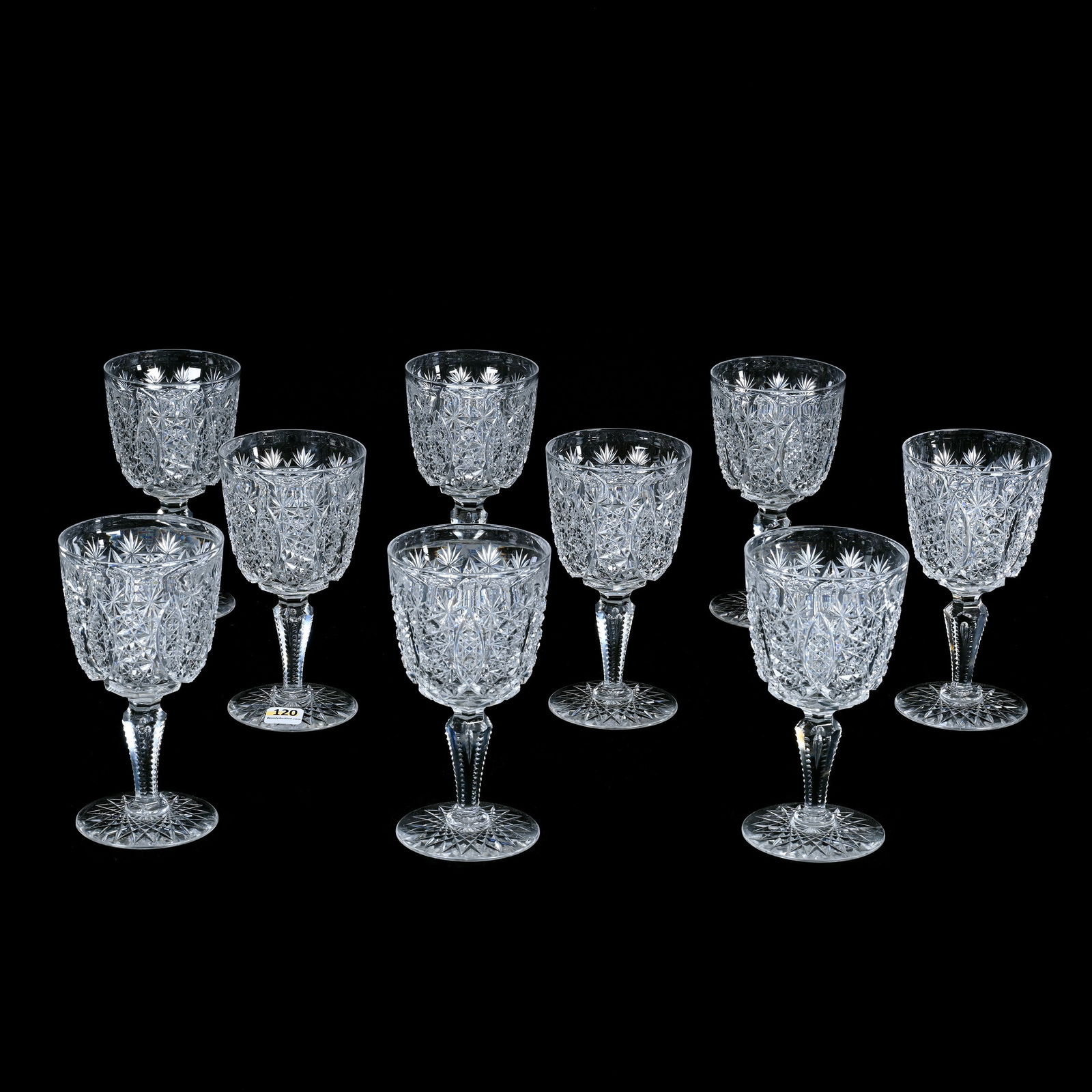 (9) Water Goblets, American Brilliant Cut Glass, Russian Pattern With Cane Cut Vesica Highlights (1 of 4)