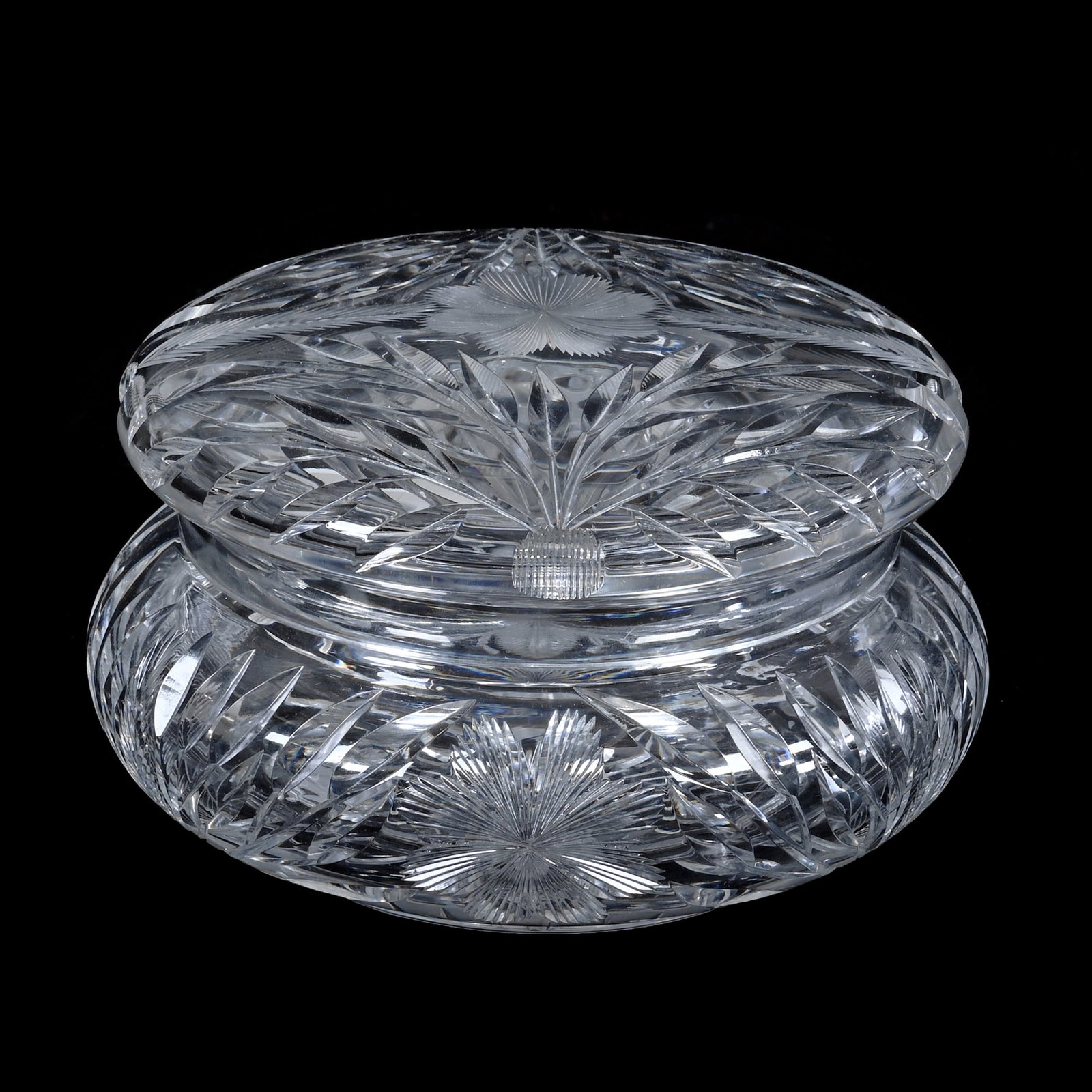 Powder Box, American Brilliant Cut Glass, Floral And Leaf Pattern With Pattern Cut Lid: Powder Box, American Brilliant Cut Glass, Floral And Leaf Pattern With Pattern Cut Lid, 3.25 x 5.25 x 5.25 Inches, Ray Cut Base, 3 Pounds, Richard Lockey Collection, Florida.
