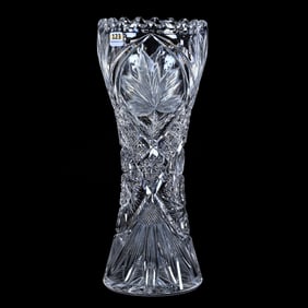 Vase, American Brilliant Cut Glass, Pattern Resembles Maple Leaf By American Cut Glass