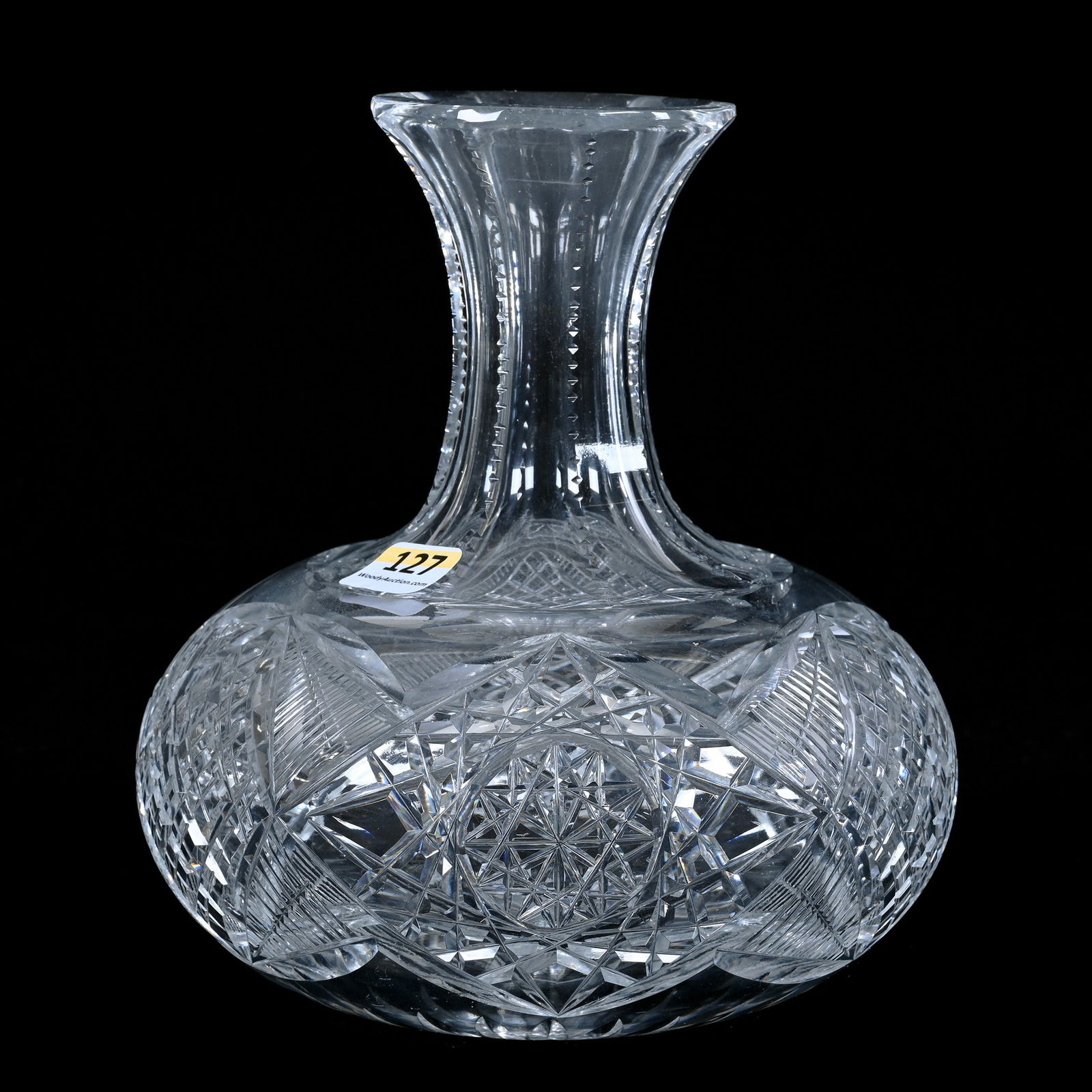 Water Carafe, American Brilliant Cut Glass, Hobstar, Crosscut Diamond, And Miter Motif: Water Carafe, American Brilliant Cut Glass, Hobstar, Crosscut Diamond, And Miter Motif, 7.25 x 6.5 x 6.5 Inches, Ray Cut Base, 4 Pounds, Private Collection.