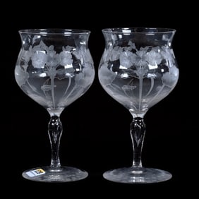 Pair Goblets, American Brilliant Cut Glass, Kalana Geranium Pattern By Dorflinger