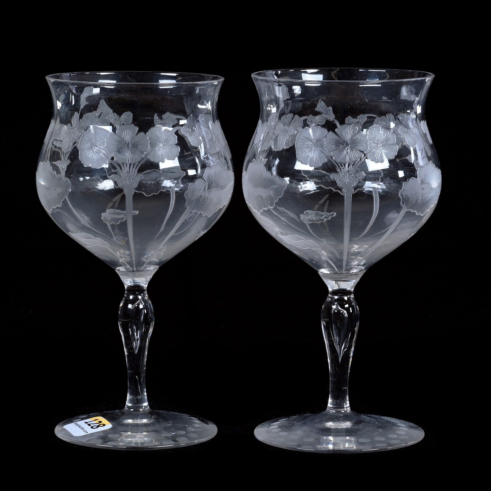 Pair Goblets, American Brilliant Cut Glass, Kalana Geranium Pattern By Dorflinger: Pair Goblets, American Brilliant Cut Glass, Kalana Geranium Pattern By Dorflinger, 6 x 3.25 x 3.25 Inches, Nice Pair, 1 Pound, Private Collection.