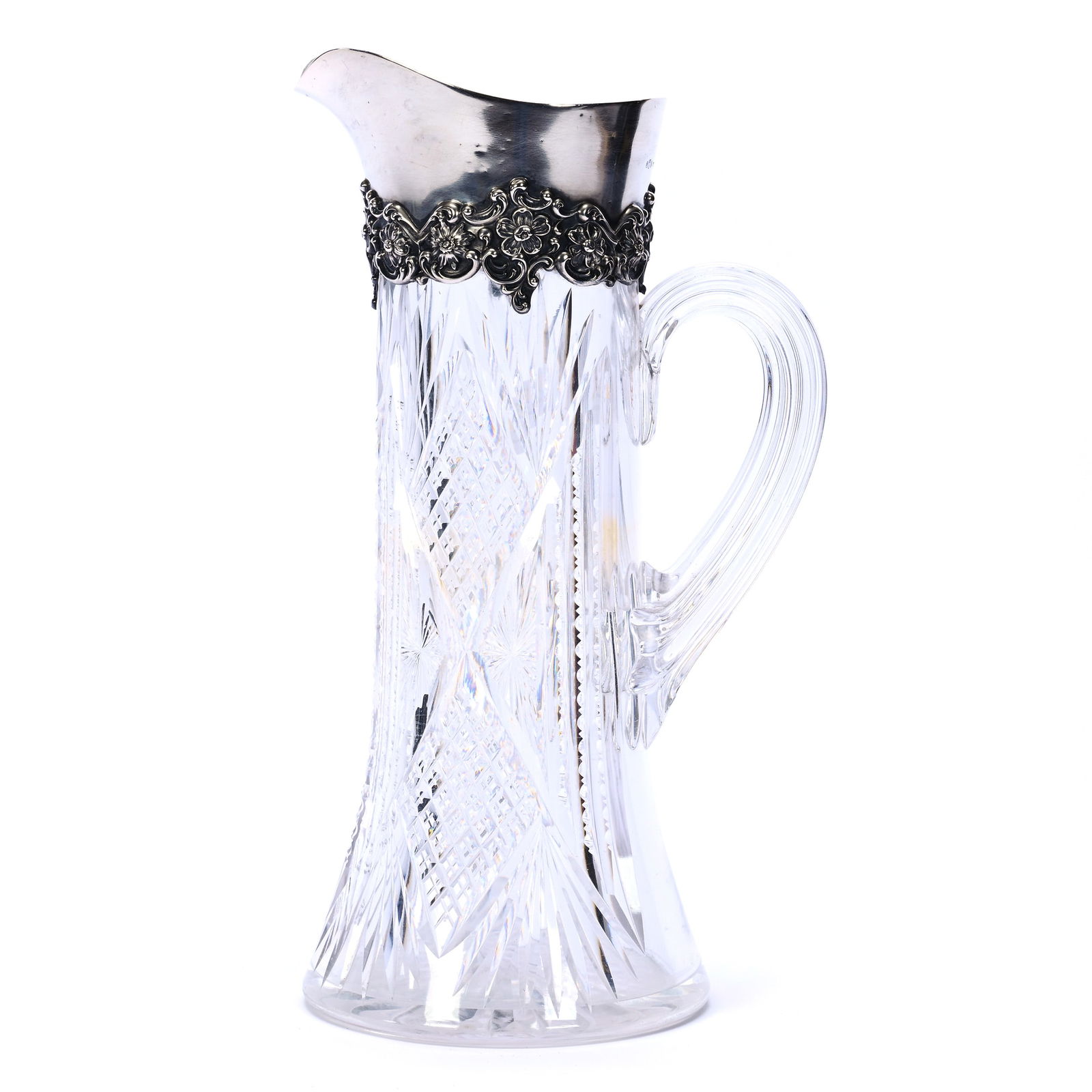Champagne Pitcher, American Brilliant Cut Glass, Elaborate Gorham Silver Sterling Spout: Champagne Pitcher, American Brilliant Cut Glass, Elaborate Gorham Silver Sterling Spout, 12.25 x 7 x 5.25 Inches, Pattern Attributed To Pairpoint, Features Crosscut Diamond, Star, Prism, And Fan Motif