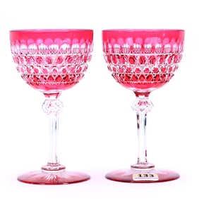 (2) Wine Stems, American Brilliant Cut Glass, Cranberry Cut To Clear, Hob Diamond Pattern By