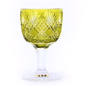 Wine Stem, American Brilliant Cut Glass, Olive Green Cut To Clear, Pattern No. 28 By Dorflinger