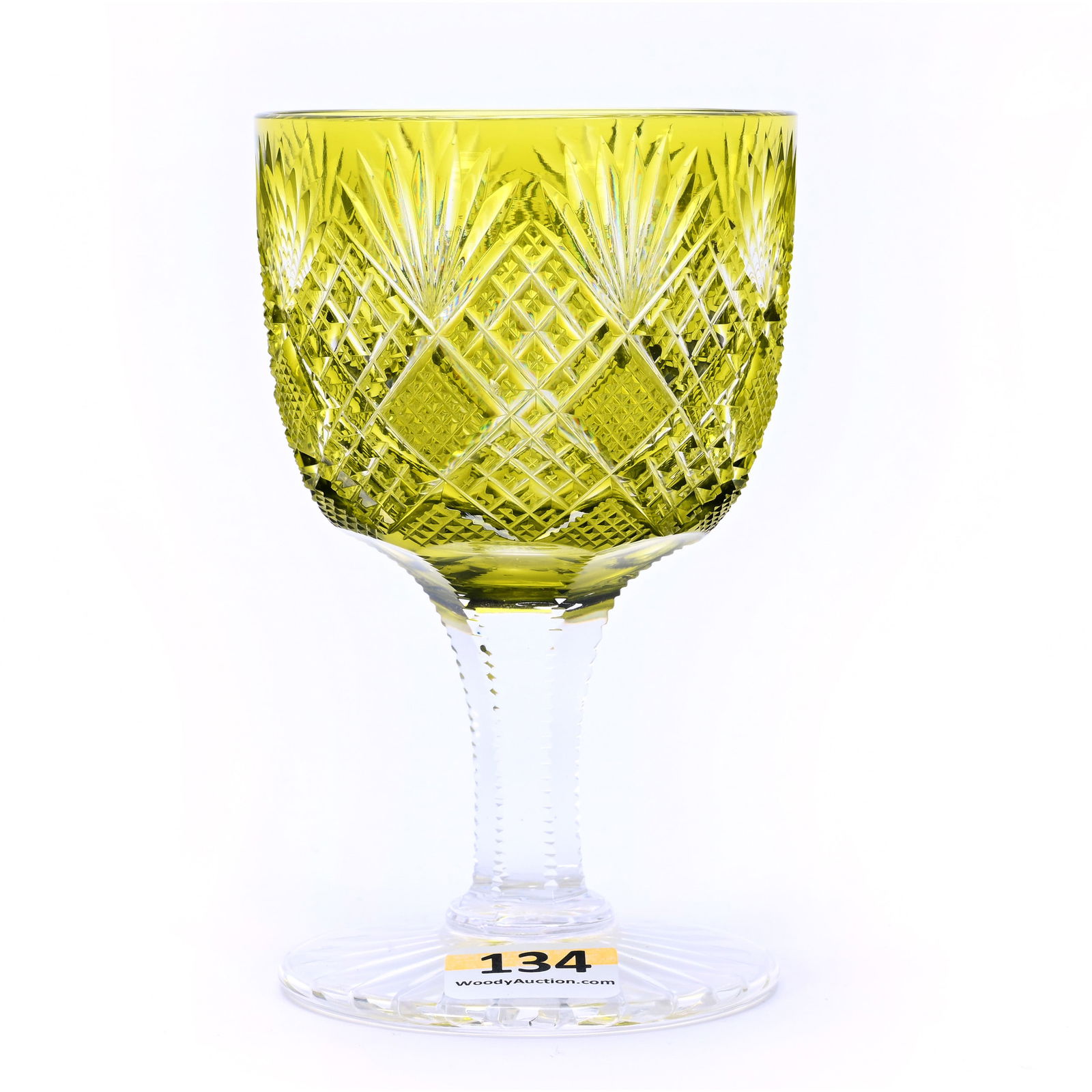 Wine Stem, American Brilliant Cut Glass, Olive Green Cut To Clear, Pattern No. 28 By Dorflinger: Wine Stem, American Brilliant Cut Glass, Olive Green Cut To Clear, Pattern No. 28 By Dorflinger, 4.5 x 2.75 x 2.75 Inches, Ray Cut Base, Professional Rim Touch Up, 1 Pound, Private Collection.