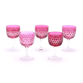 (5) Wine Stems, American Brilliant Cut Glass, Cranberry Cut To Clear, Hob Diamond Pattern By
