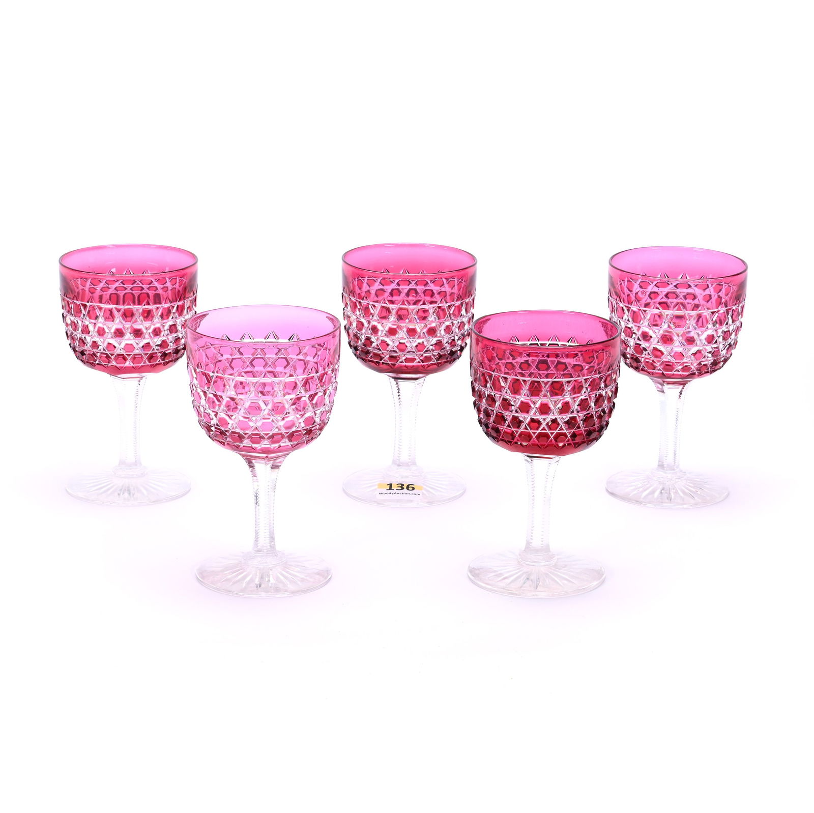 (5) Wine Stems, American Brilliant Cut Glass, Cranberry Cut To Clear, Hob Diamond Pattern By (1 of 3)