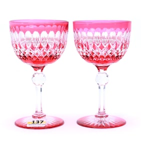 Pair Wine Stems, American Brilliant Cut Glass, Cranberry Cut To Clear, Pattern No. 3840 By