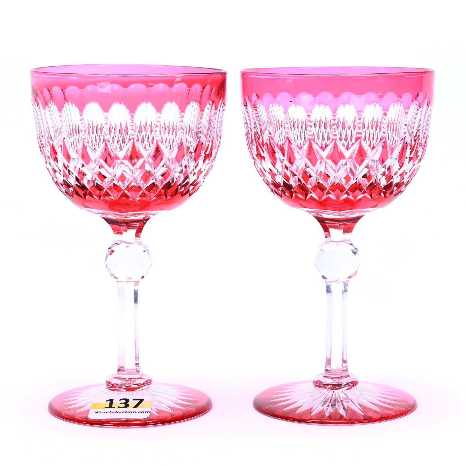 Pair Wine Stems, American Brilliant Cut Glass, Cranberry Cut To Clear, Pattern No. 3840 By: Pair Wine Stems, American Brilliant Cut Glass, Cranberry Cut To Clear, Pattern No. 3840 By Dorflinger, 5 x 2.75 x 2.75 Inches, Colored Ray Cut Foot, 1 Pound, Private Collection.