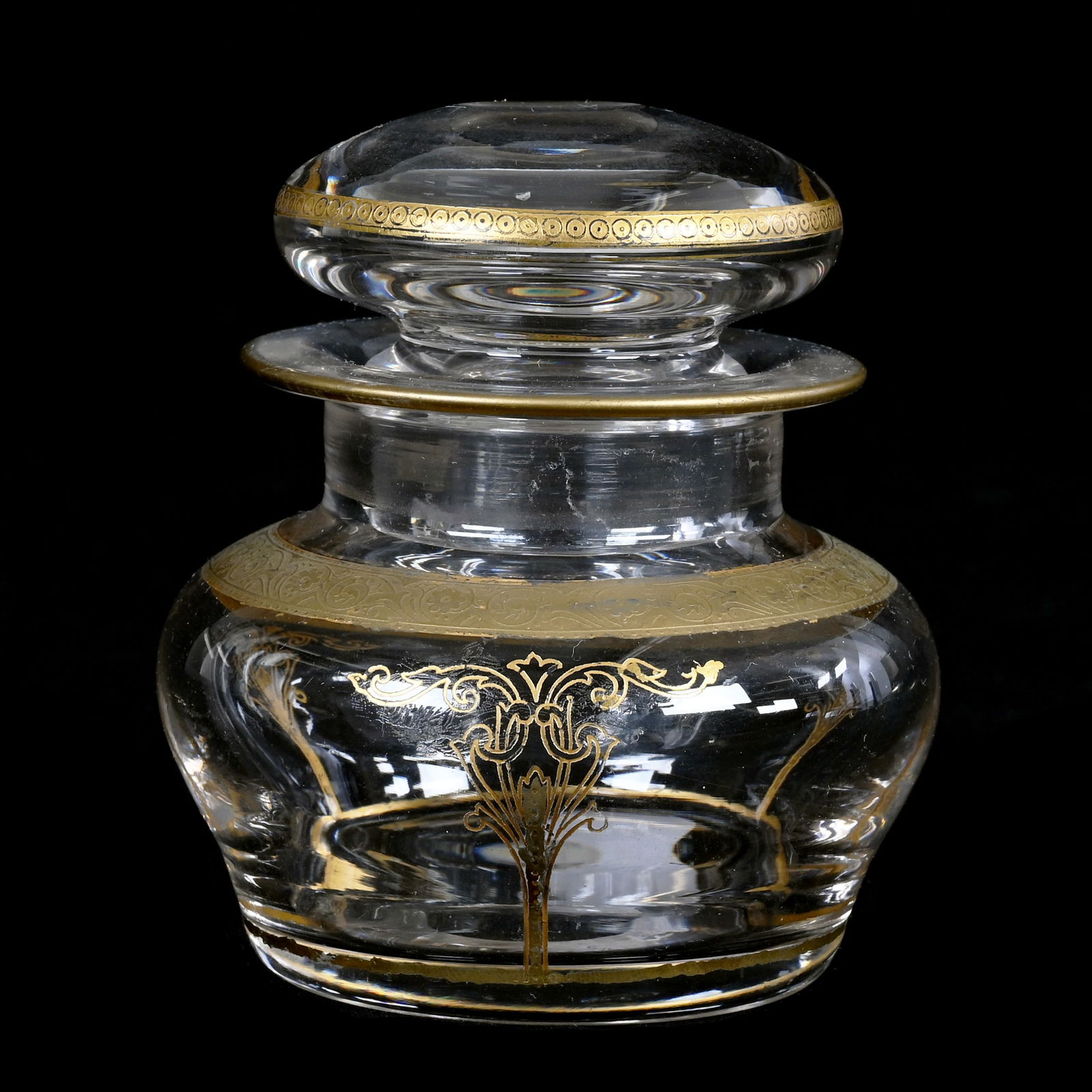 Covered Lavender Jar, Unmarked Honesdale By Dorflinger: Covered Lavender Jar, Unmarked Honesdale By Dorflinger, 4 x 3.5 x 3.5 Inches, Brocaded Gold Designs, Possible Gold Touch Up, 2 Pounds, Private Collection.