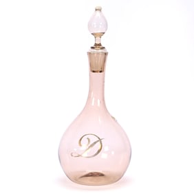 Decanter, Solid Amber Blown Glass With White Opaque Finial And Trim Highlights